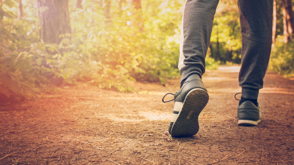 Close up of a man’s legs jogging through woods