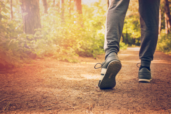 Close up of a man’s legs jogging through woods