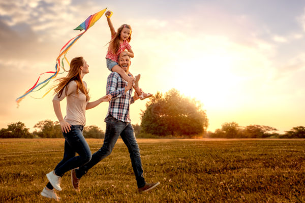 A family in a field with a kite.